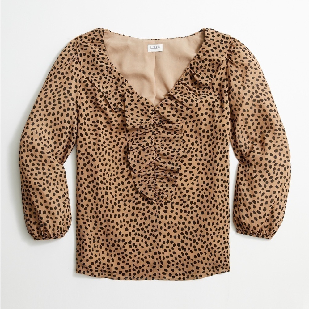 J.Crew Ruffle V-Neck Animal Print Blouse Tan Black Leopard NWT Small Coquette